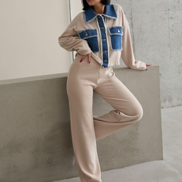 Ensemble Chemise Et Pantalon Garnis De Denim - Beige