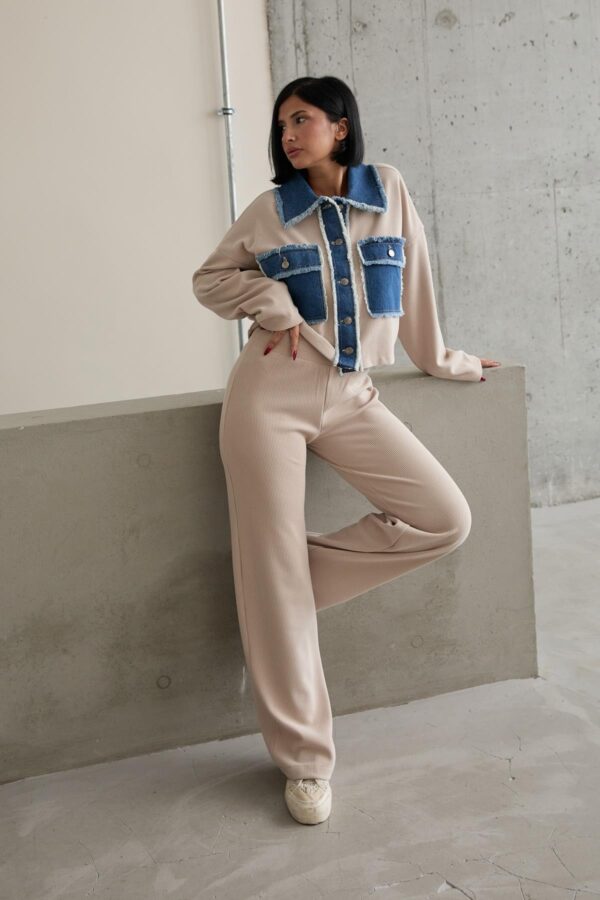 Ensemble Chemise Et Pantalon Garnis De Denim - Beige